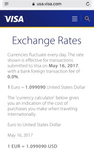Screenshot from VISA showing the Euro to US Dollar exchange rate on May 16, 2017.