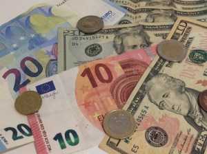 Various euro and U.S. dollar bills and coins.